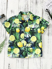 Boys Lemon Leaf & Flower Print Shirt, Summer Vacation Beach Clothes