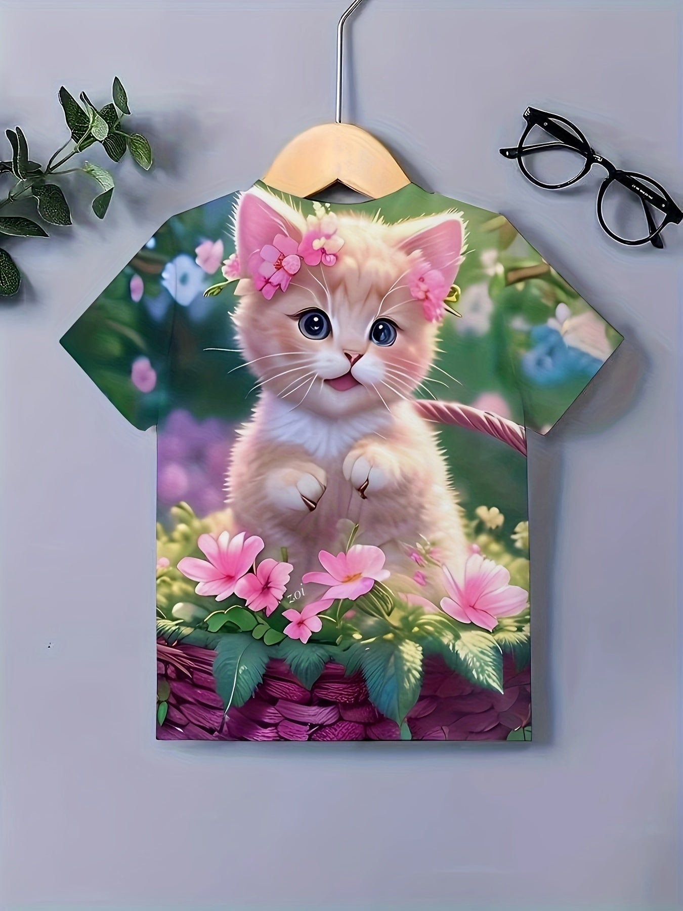 Flower Cat Graphic Short Sleeve T shirt for Girls