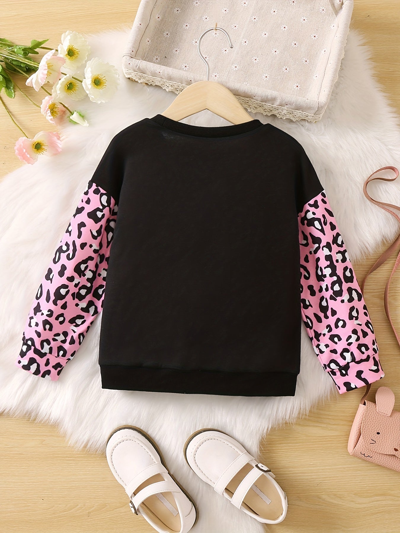 Girls Pink Leopard & Bow Cat Graphic Long Sleeve T Shirt