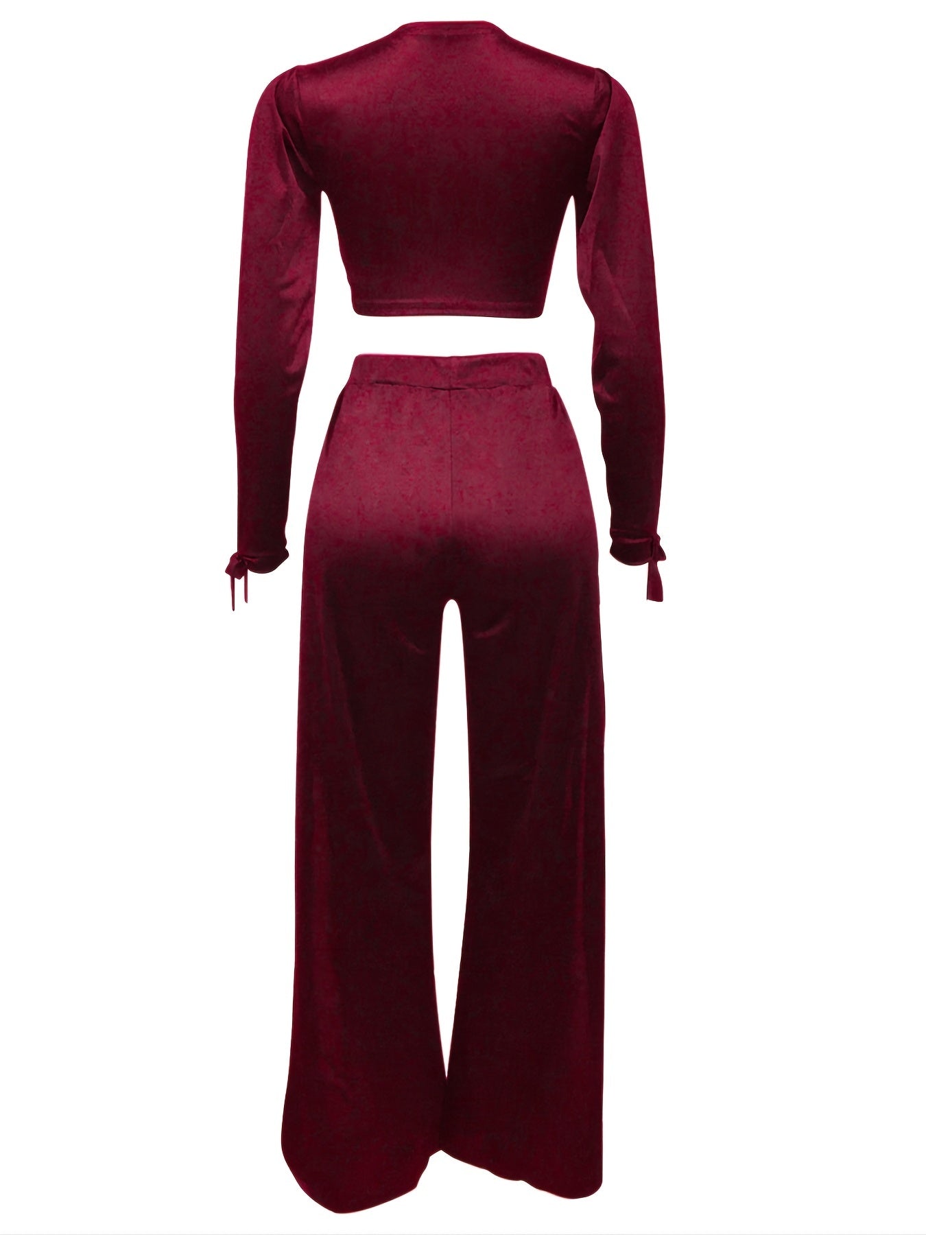 Women's Solid Two piece Set Deep V Neck Long Sleeve Crop Top & Split Pants