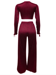 Women's Solid Two piece Set Deep V Neck Long Sleeve Crop Top & Split Pants