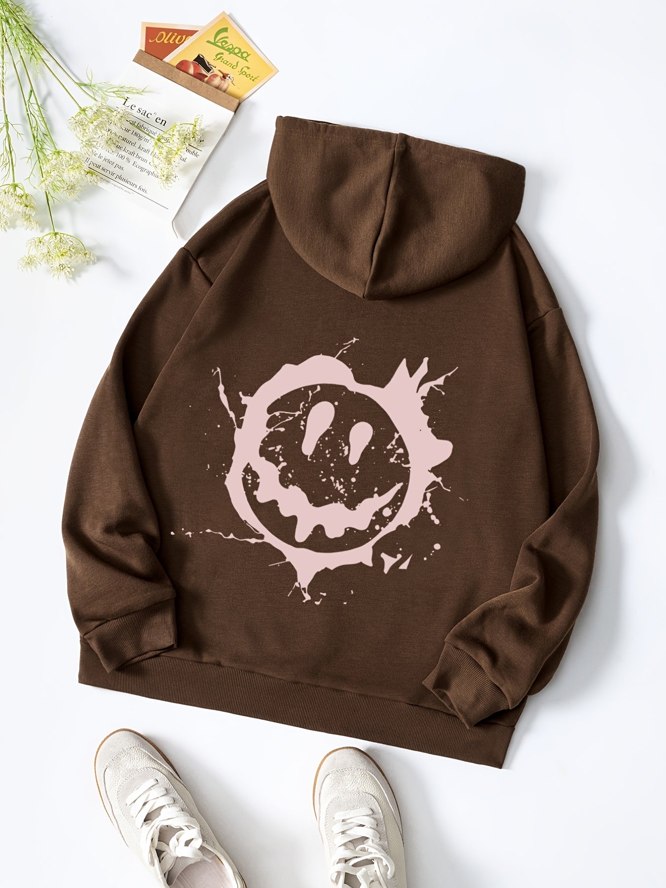 Smiling Face Print Hooded Sweater Loose Casual Pullover Top