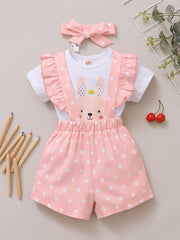 Baby Girl Rabbit Print Outfit Set - T-shirt, Polka Dot Shorts, Headband