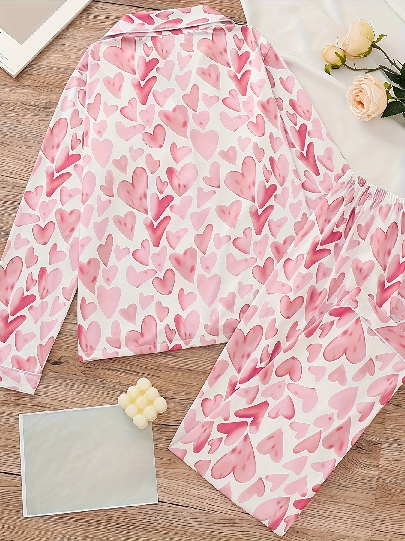 Heart Print Pajama Set Long Sleeve Buttons Top & Elastic Waistband Pants