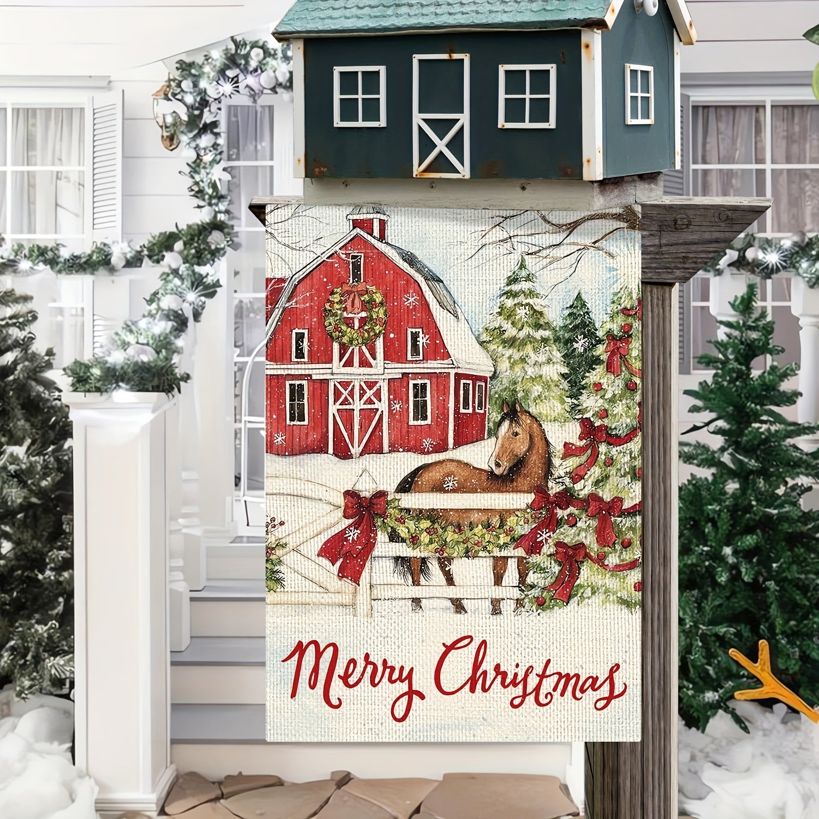 Christmas Farm Horse Garden Flag Double Side Rustic Farmhouse Outdoor Decor