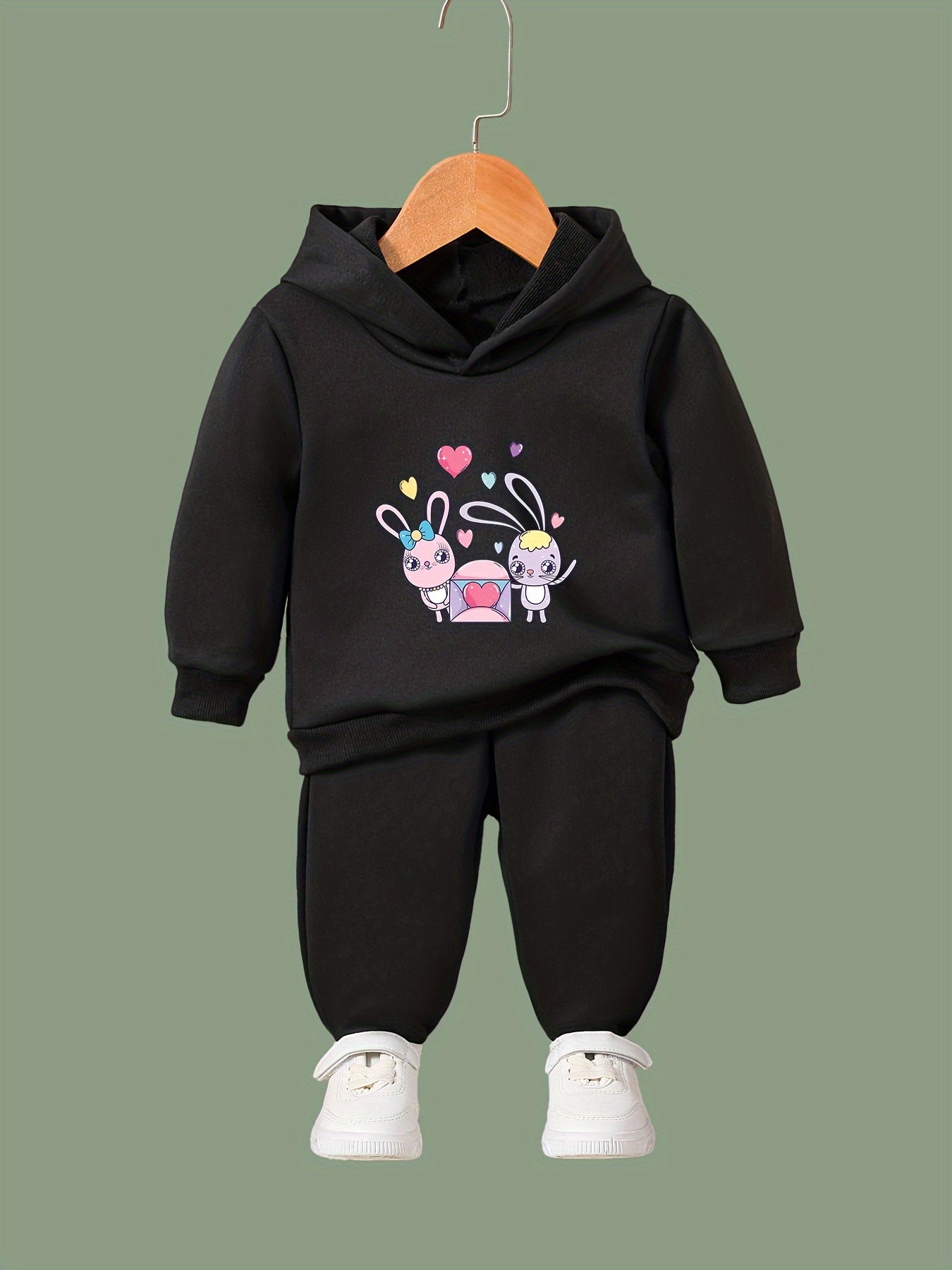 Girls 2pcs Rabbit Pattern Hooded Sweatshirt & Sweatpants Set
