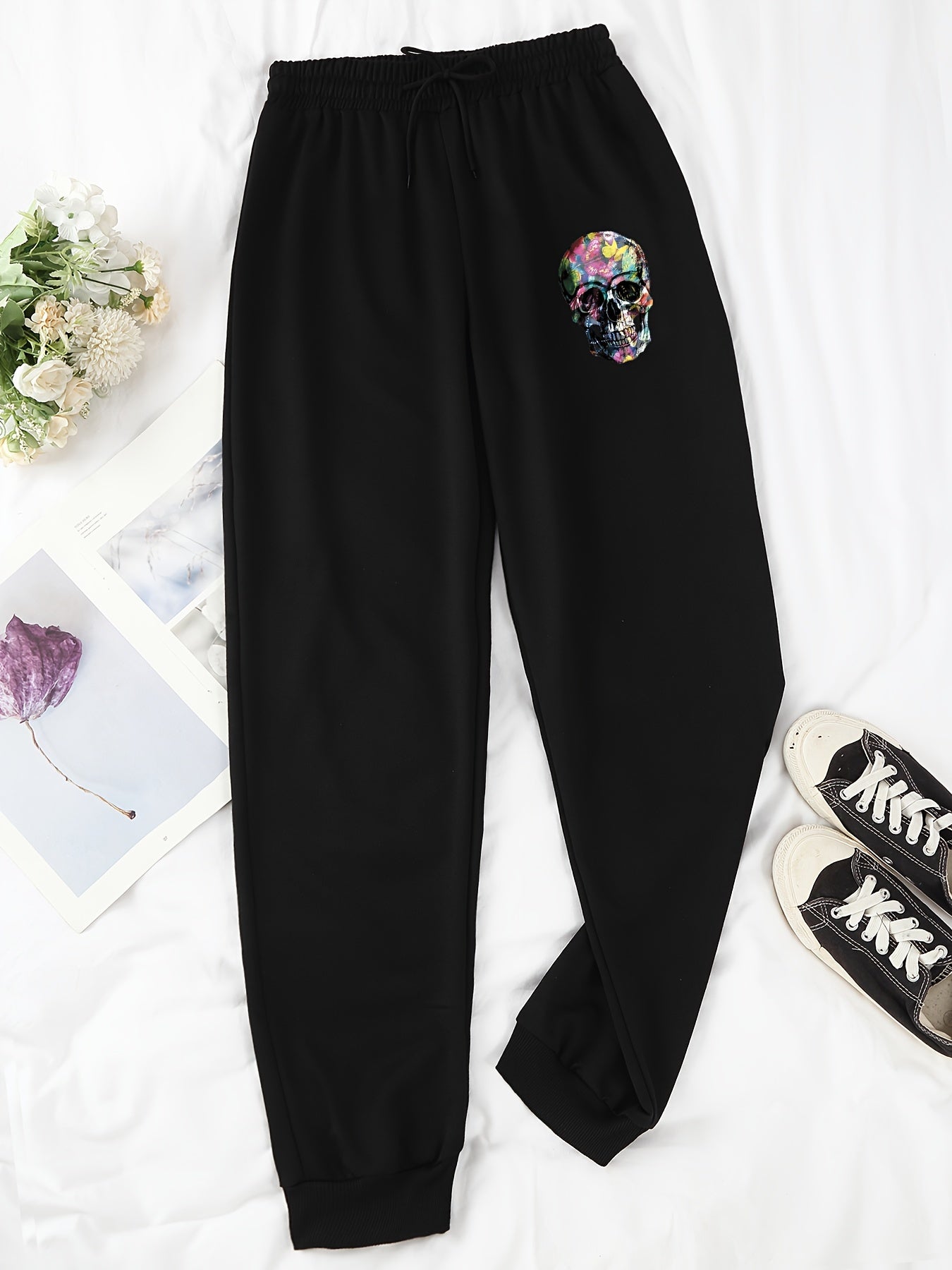 Skull Pattern Drawstring Joggers Casual Pants for Women
