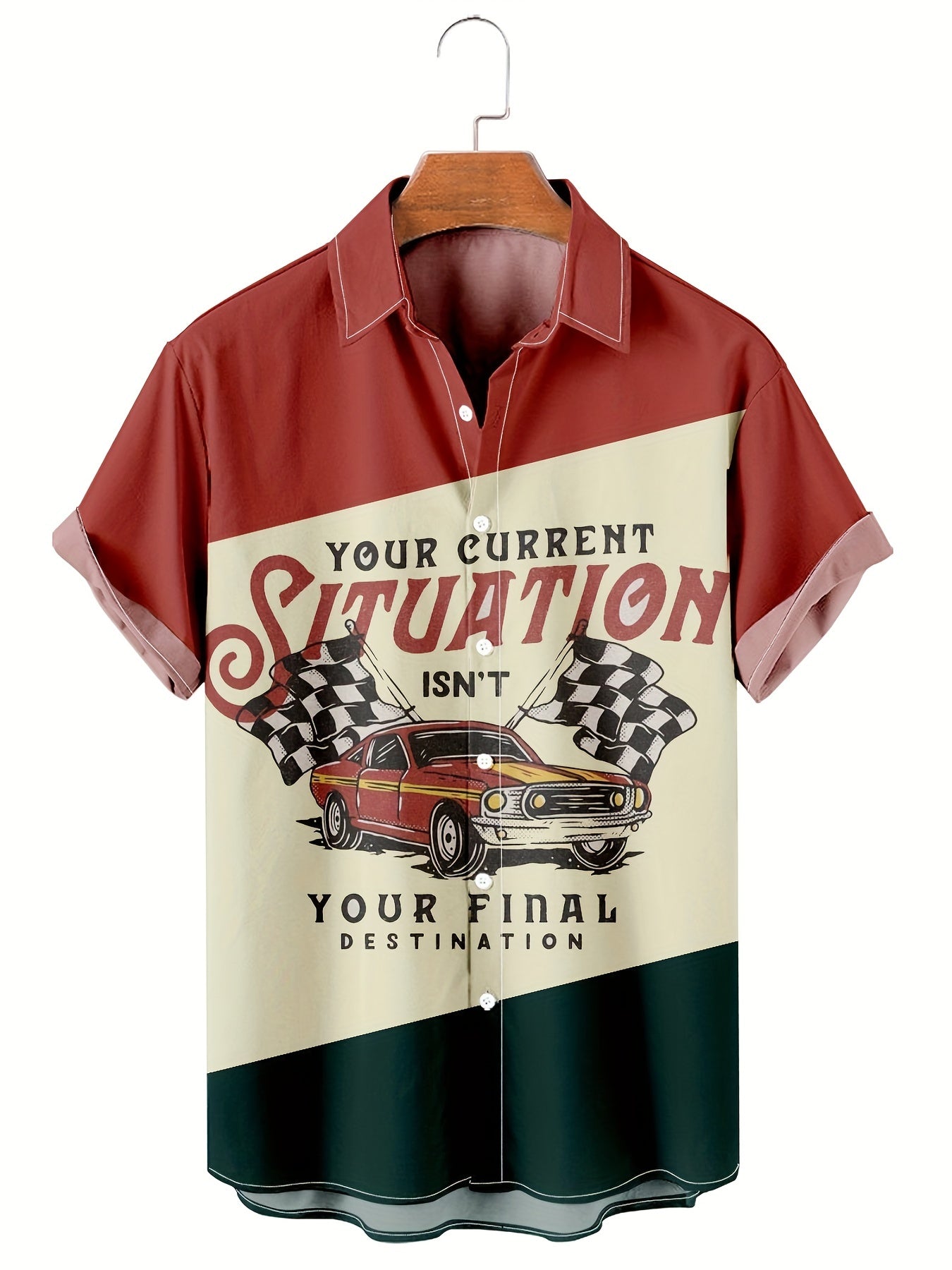 Men's Retro Car Print Camp Collar Bowling Shirt Short Sleeve