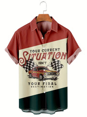 Men's Retro Car Print Camp Collar Bowling Shirt Short Sleeve