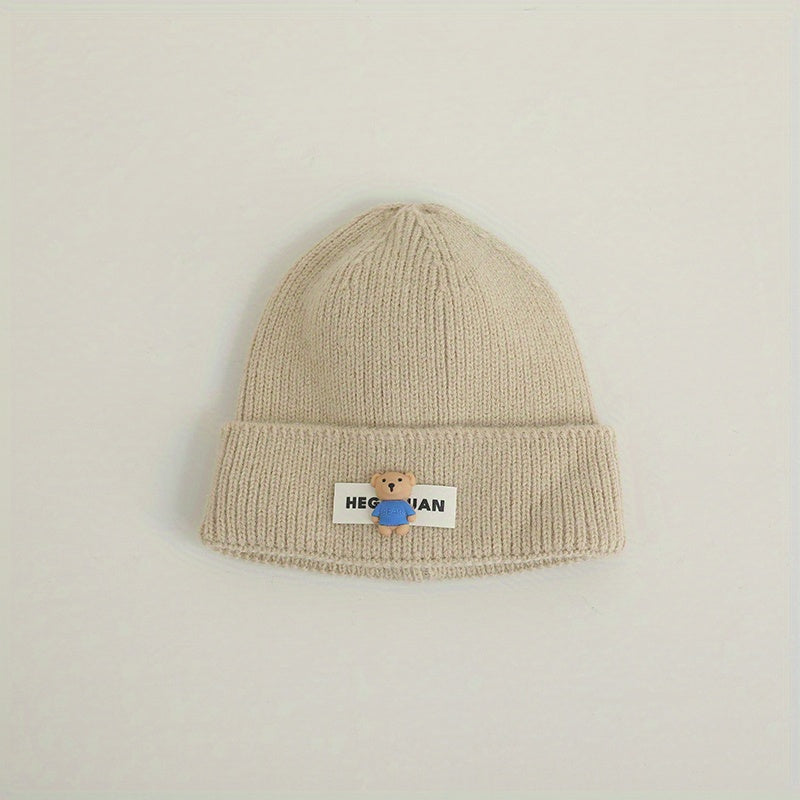 Windproof Knit Beanie Hat with Toy Bear for Men and Women