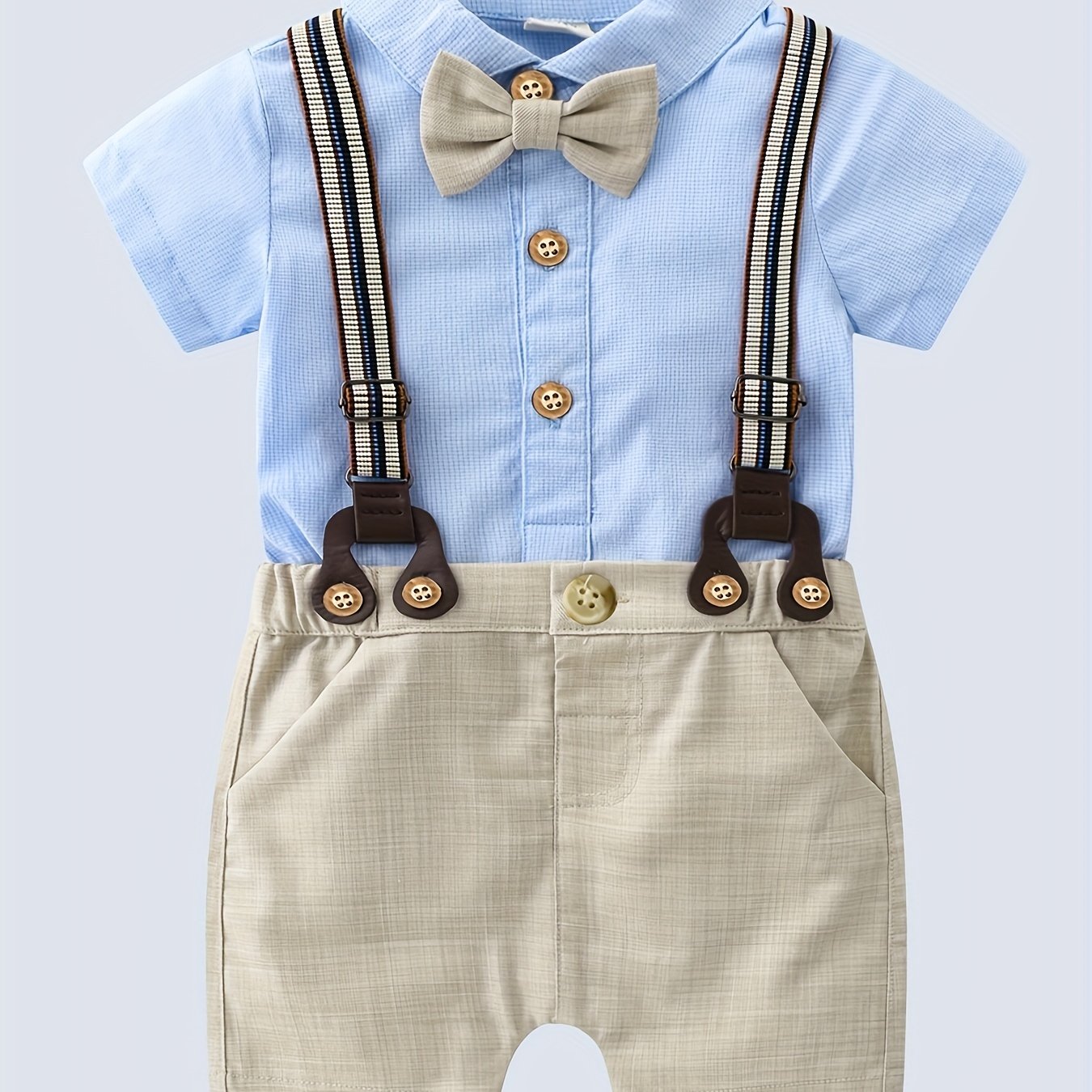 Boys 2 Pc Outfit: Button Down Tee & Suspender Shorts Set