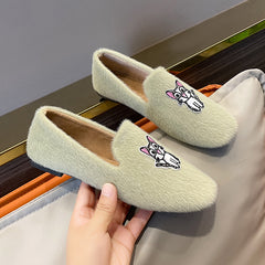 Women's Cat Embroidered Faux Fur Moccasin Slip-On Shoes