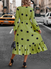 Plus Dot Print Long Sleeve Ruffle Trim Midi Dress