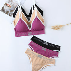 Letter Print Bra & Panties Set, Wireless Sports Bra & Elastic Panties