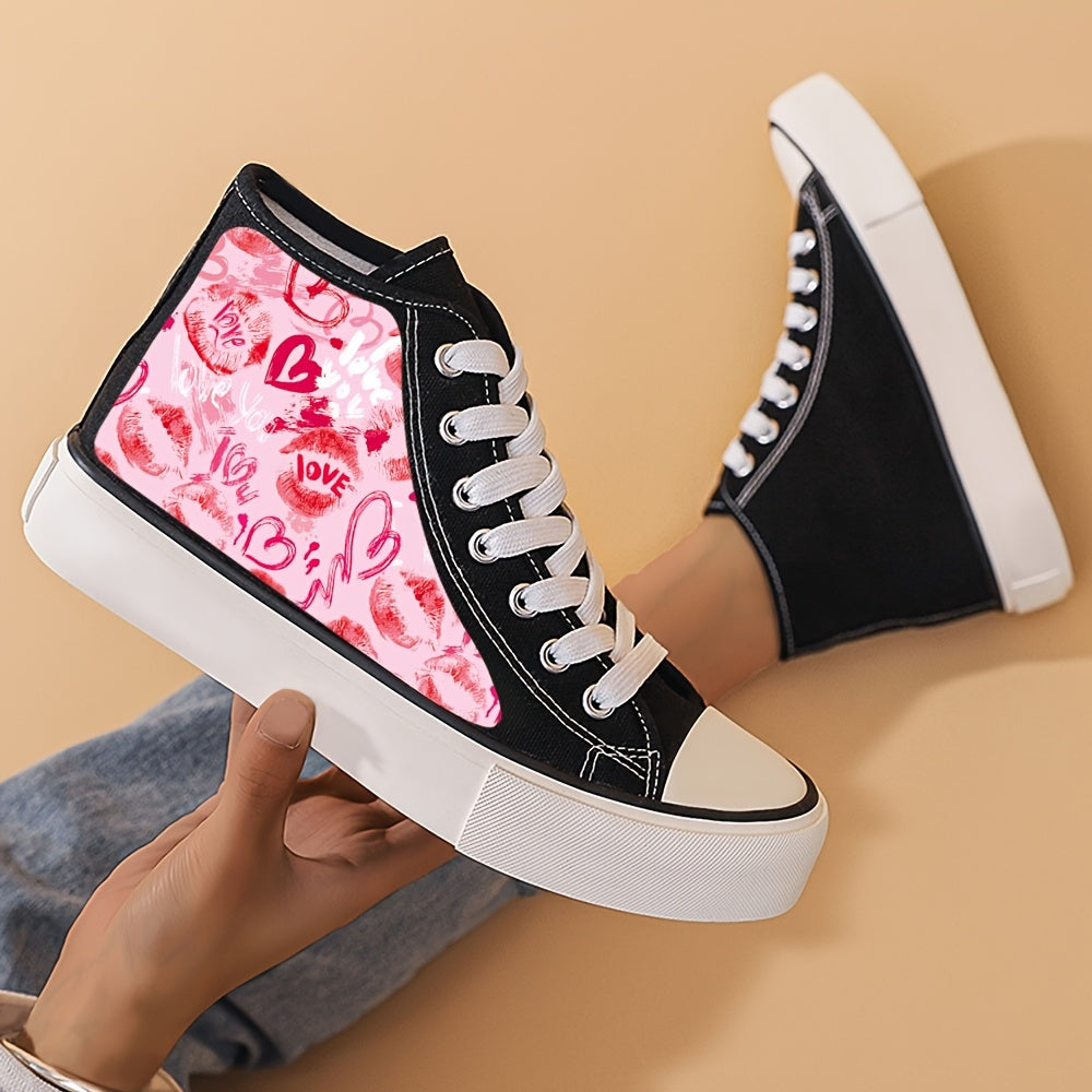 Heart & Lips Print High Top Canvas Sneakers