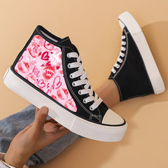 Heart & Lips Print High Top Canvas Sneakers