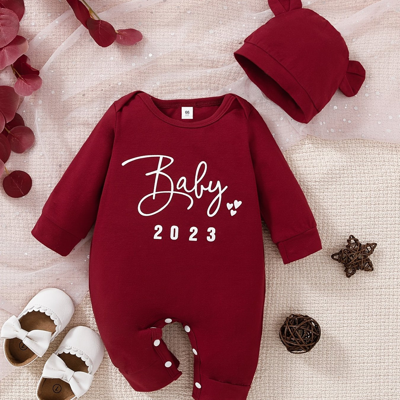 2pcs Newborn Baby Romper Long Sleeve Jumpsuit & Bear Ear Hat Set