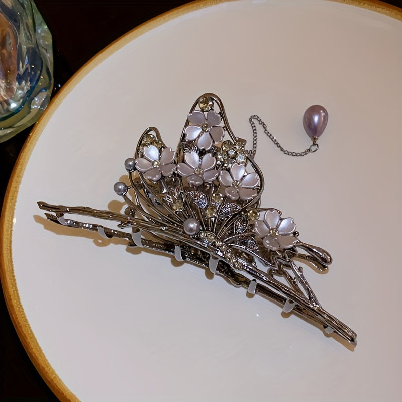 Butterfly Hair Claw Rhinestone Flower Hair Clip with Tassel