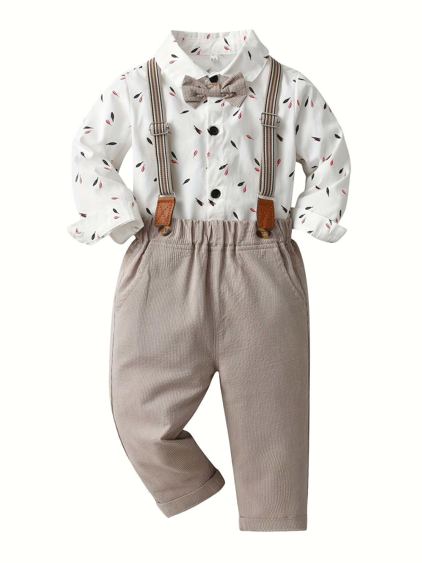 Baby Boys 2pcs Leaf Print Dress Shirt Romper & Striped Bib Pants Set