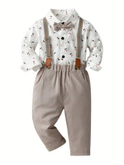 Baby Boys 2pcs Leaf Print Dress Shirt Romper & Striped Bib Pants Set