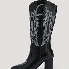 Women's Embroidered Cowboy Boots Block Heel V Cut Knee High Western Boots
