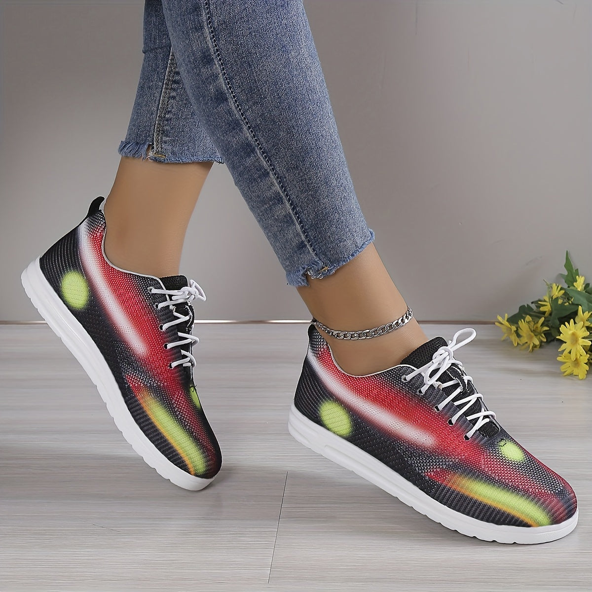 Abstract Print Sneakers Lace Up Low Top Mesh Shoes