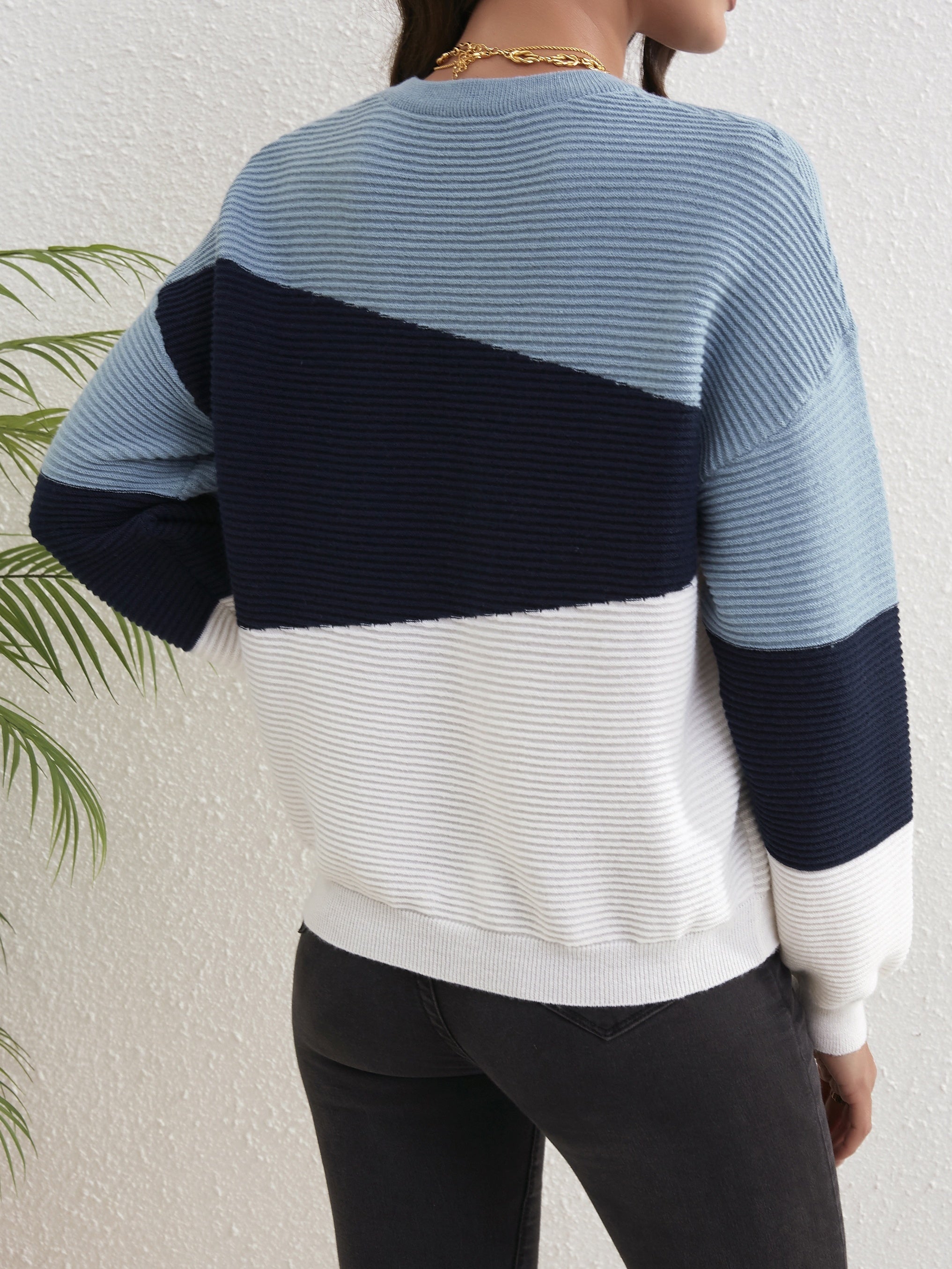 Block Pullover Sweater Long Sleeve Crew Neck Sweater