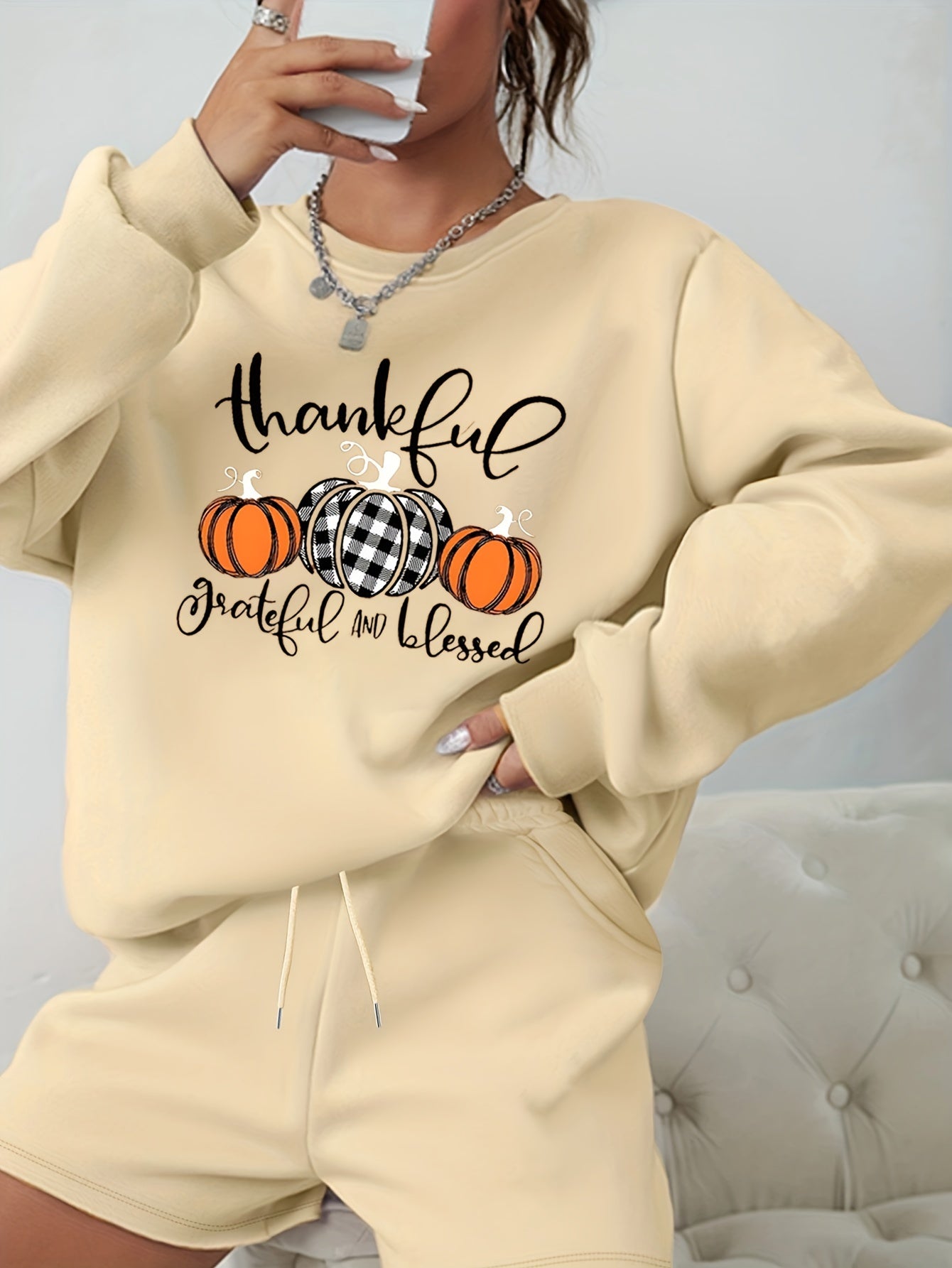 Thanksgiving 2 Piece Set Pumpkin Sweatshirt & Shorts