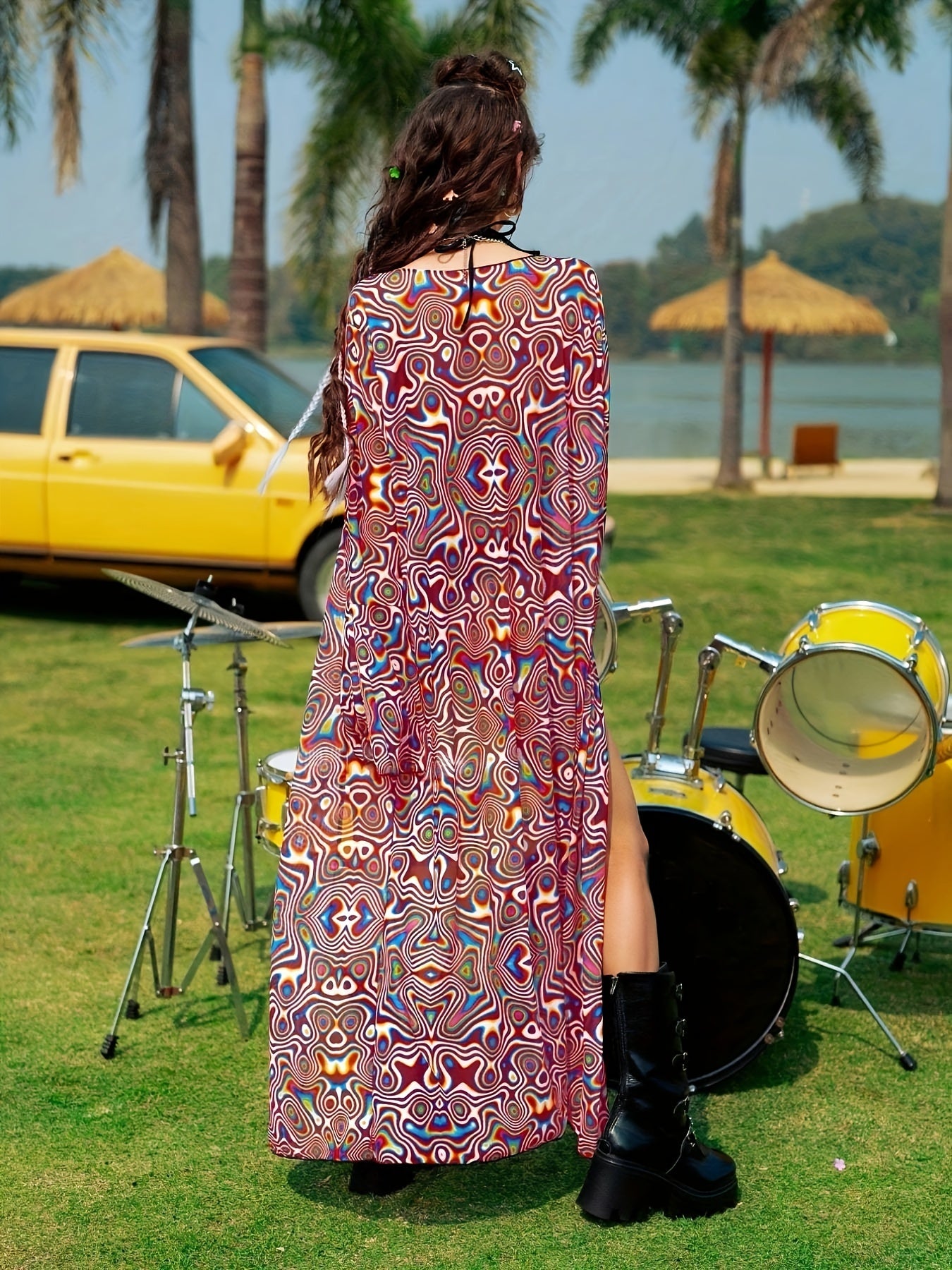 Wavy Ripple Print Long Sleeve Kimono Cover Up