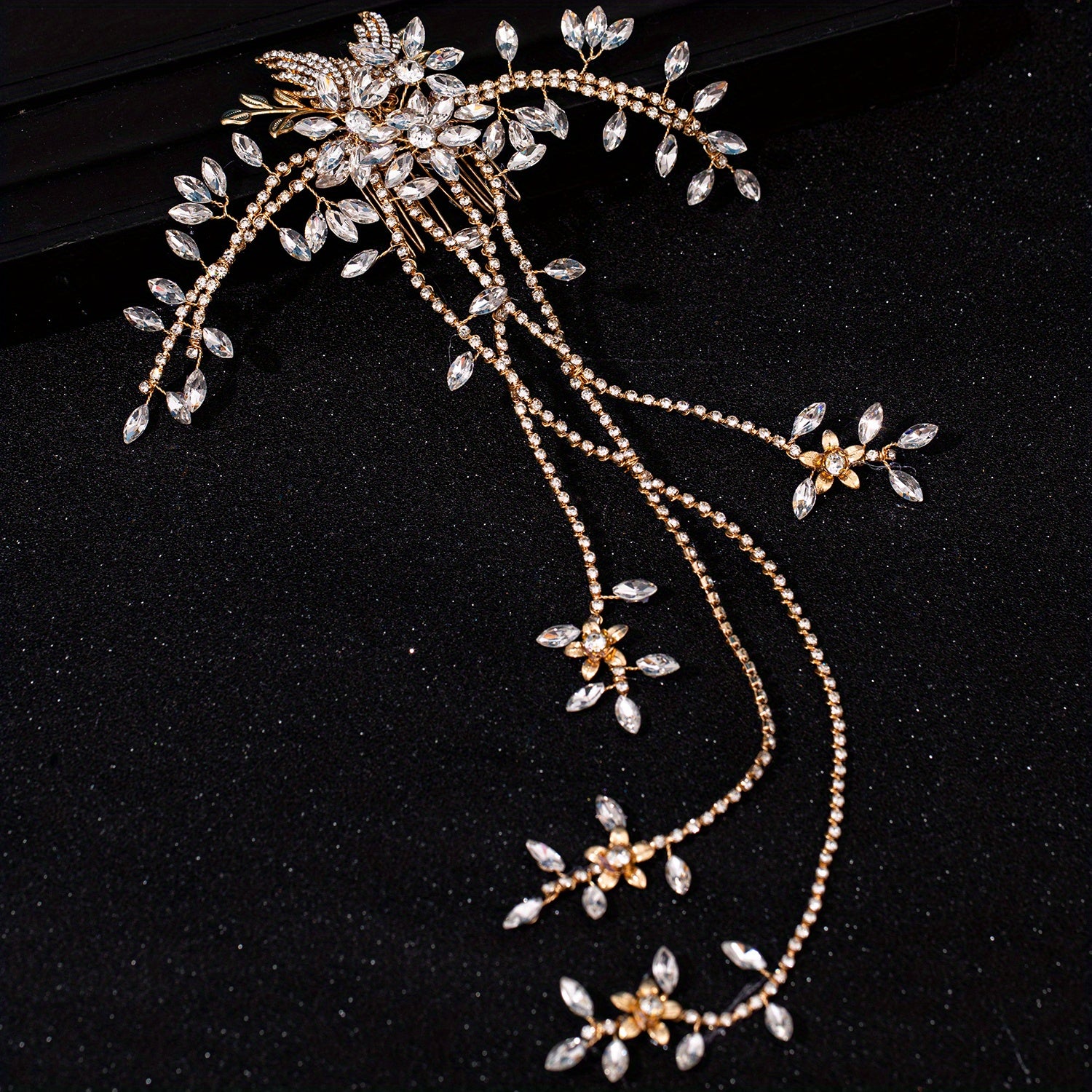 Bridal Hair Comb Rhinestone Flower Headpiece Chain Golden Silver