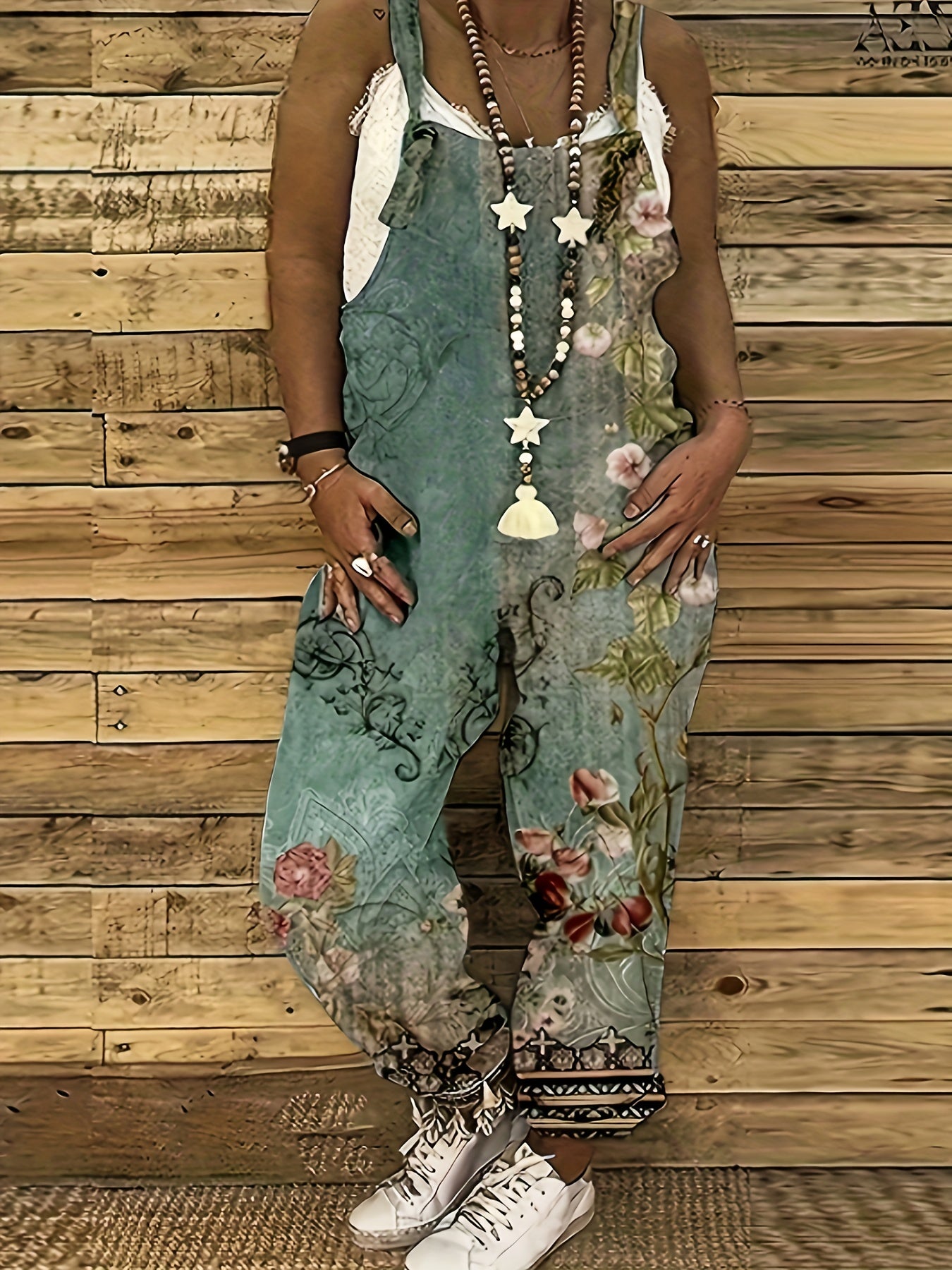 Plus Floral Print Wide Leg Stretch Jumpsuit