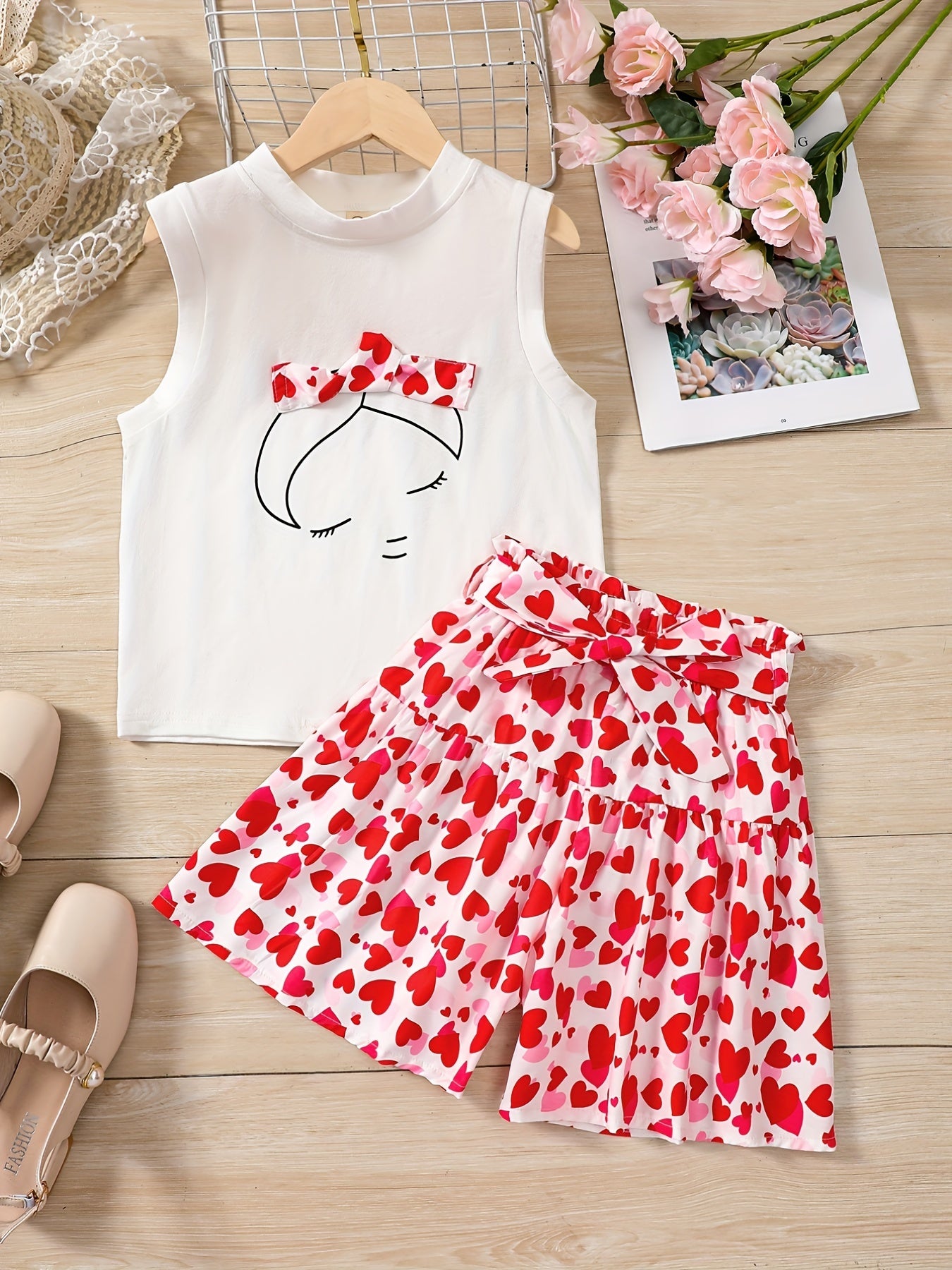 Girls Heart Print Top & Shorts Set Comfortable Casual T Shirt And Pants
