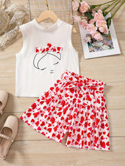 Girls Heart Print Top & Shorts Set Comfortable Casual T Shirt And Pants