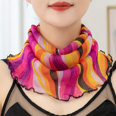 Striped Print Red Ruffles Gauze Neck Gaiter Ear Loop Veil Headband