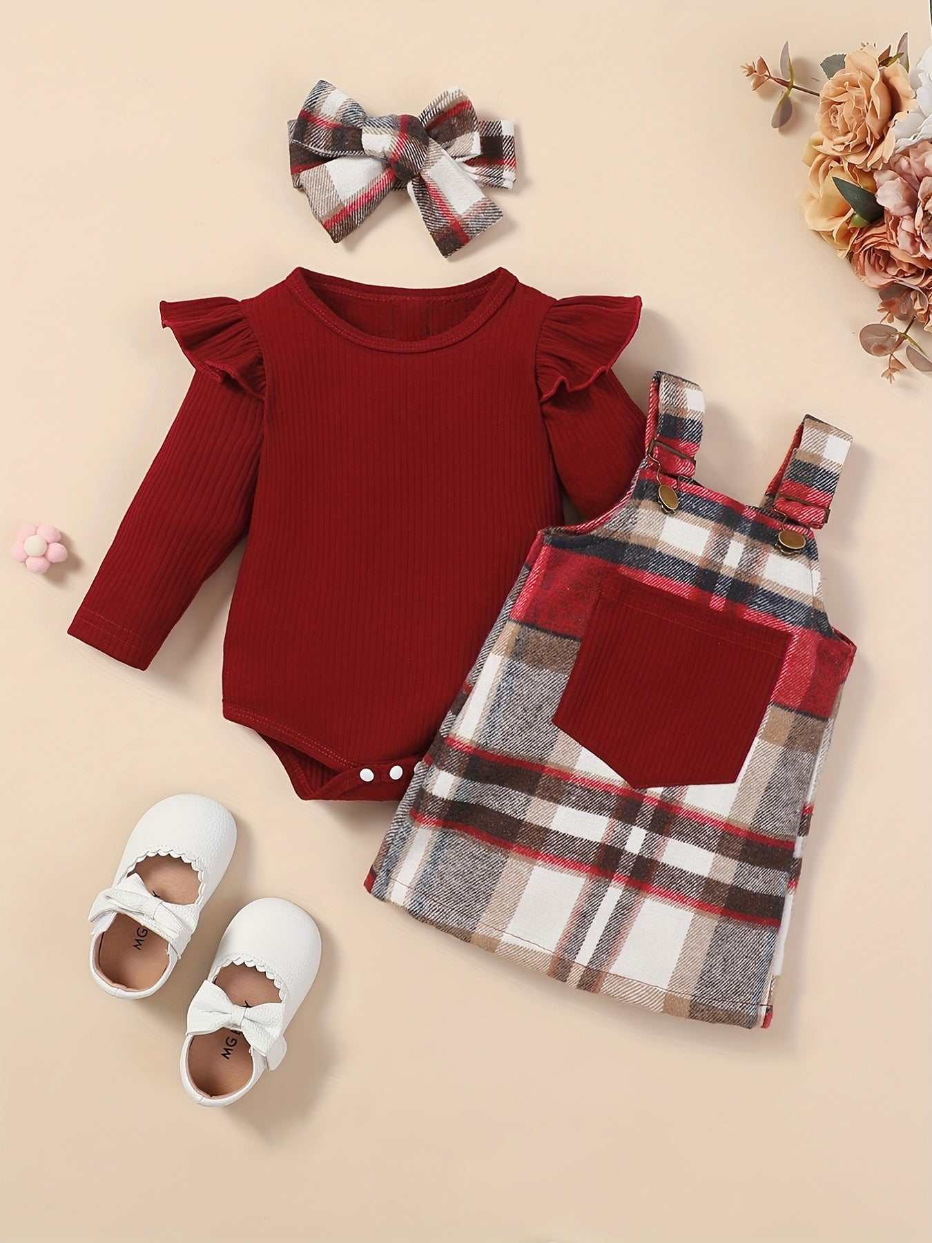 Baby Girls Cotton Ribbed Flutter Sleeve Bodysuit Plaid Suspender Skirt Set