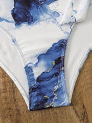 Marble Print One Shoulder Tie Front One Piece Bathing Suit