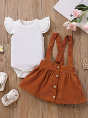Baby Girl Causal Set Cotton Flying Sleeve Jumpsuit & Corduroy Suspender Skirt