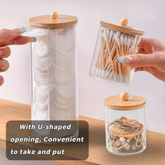 Acrylic Cotton Swab Holder Bamboo Lid Bathroom Makeup Organizers Storage Box