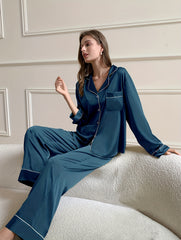 Solid Satin Lounge Set Long Sleeve Top & Elastic Waistband Pants