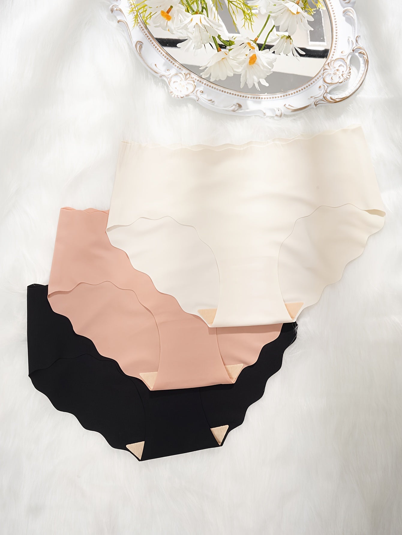 3pcs Seamless Scallop Trim Briefs Stretchy Intimates Panties Women's Lingerie