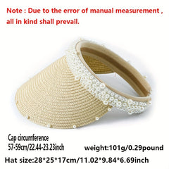 Faux Pearl Straw Visors Women Summer Sun Hats UV Protection