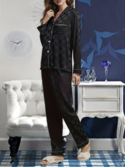 Plaid Satin Pajama Set Long Sleeve Top & Pants Women's Sleepwear