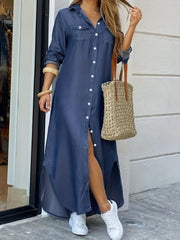 Casual Denim Dress Women's Plus Long Sleeve Turn Down Collar