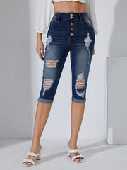 Ripped Holes Skinny Jeans Slim Fit Single Breasted Button Capris