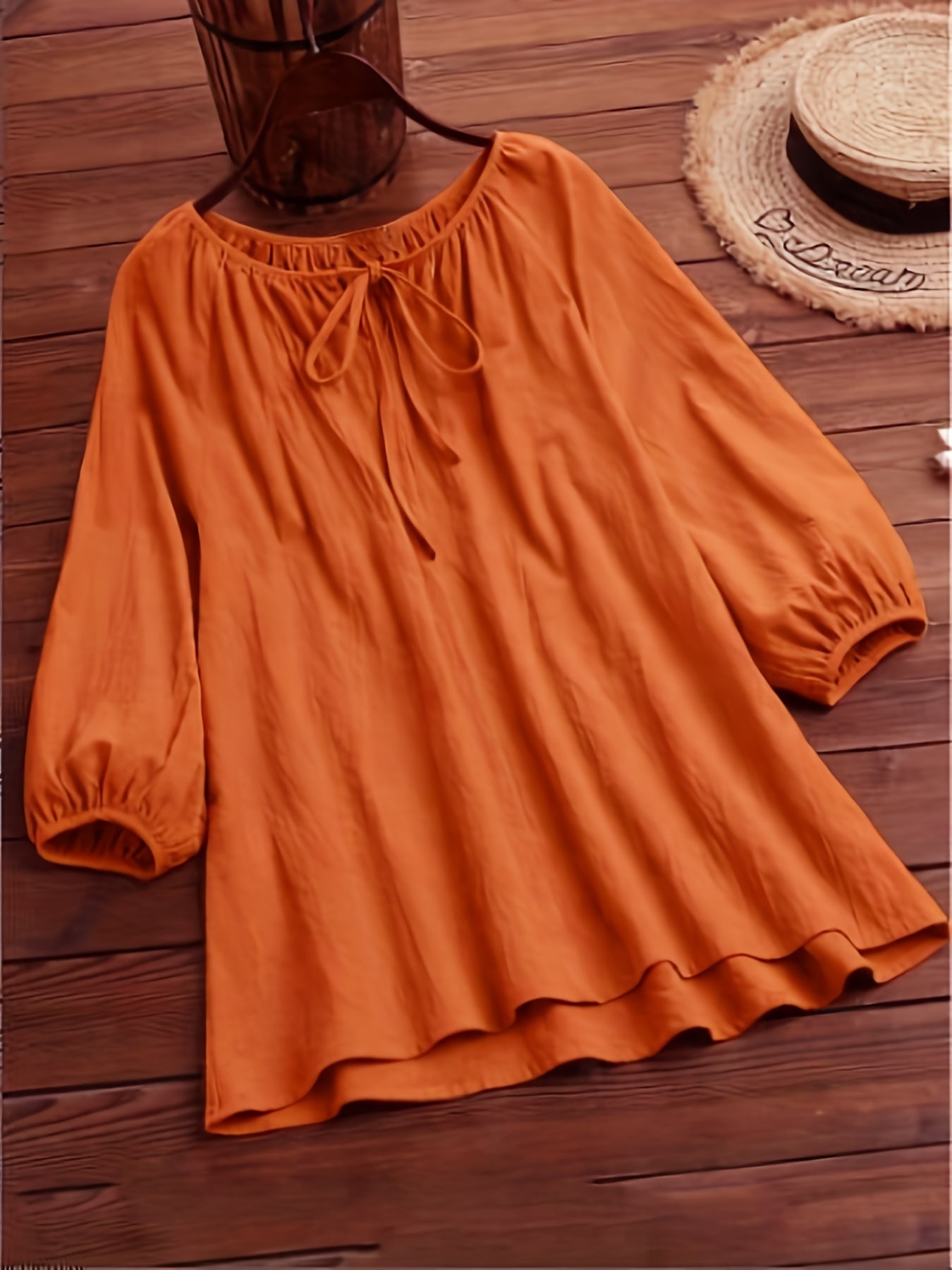 Solid Long Sleeve Round Neck Keyhole Tie Blouse