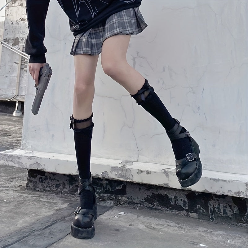 Bow Decor Calf Socks Mesh Stitching Knee High Socks