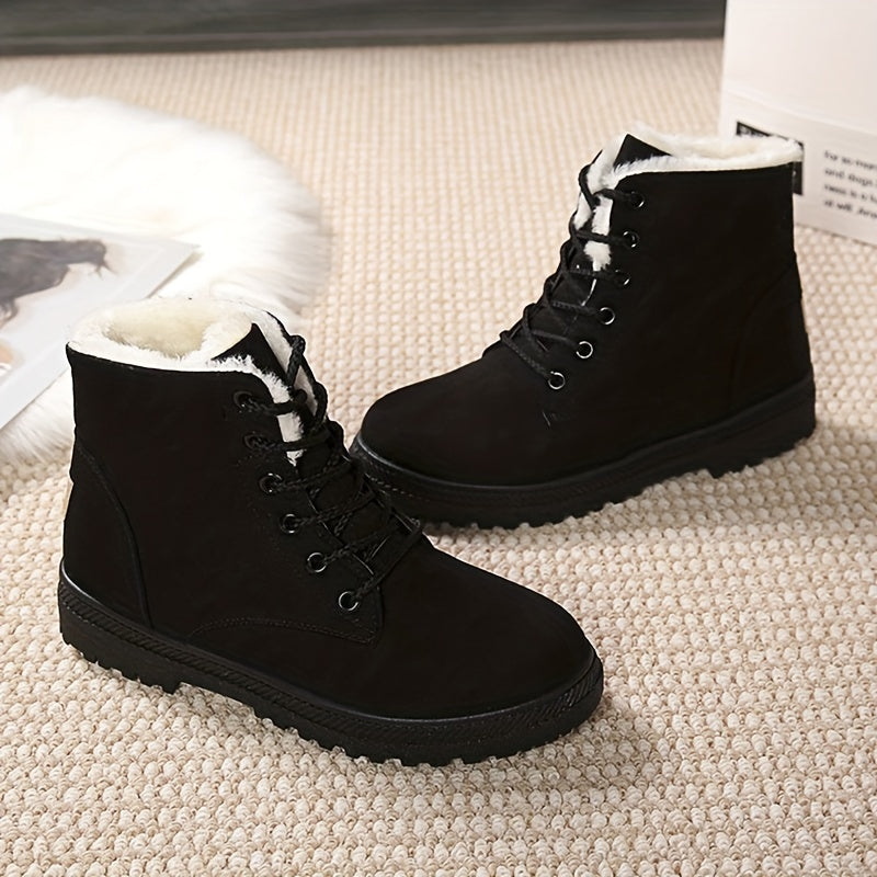 Women's Plush Lined Ankle Boots Lace Up Round Toe Snow Boots