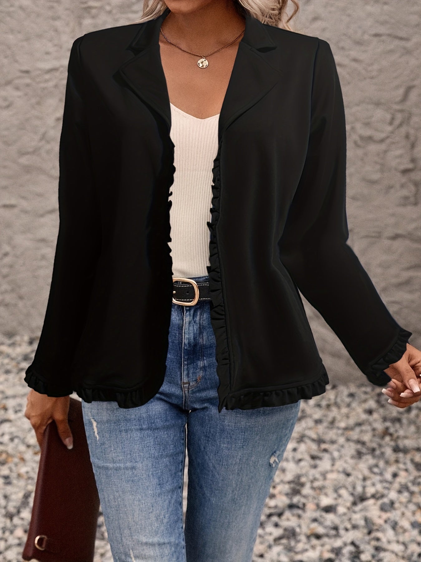 Ruffle Trim Blazer Solid Long Sleeve Lapel Women's Office Blazer