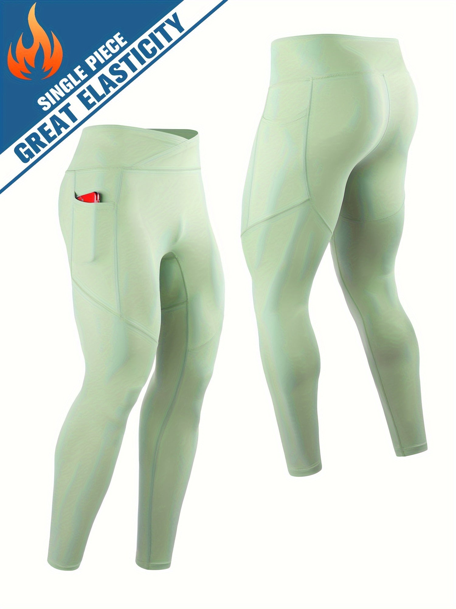 Men's Solid Pocket Leggings Compression Pants For Outdoor Running