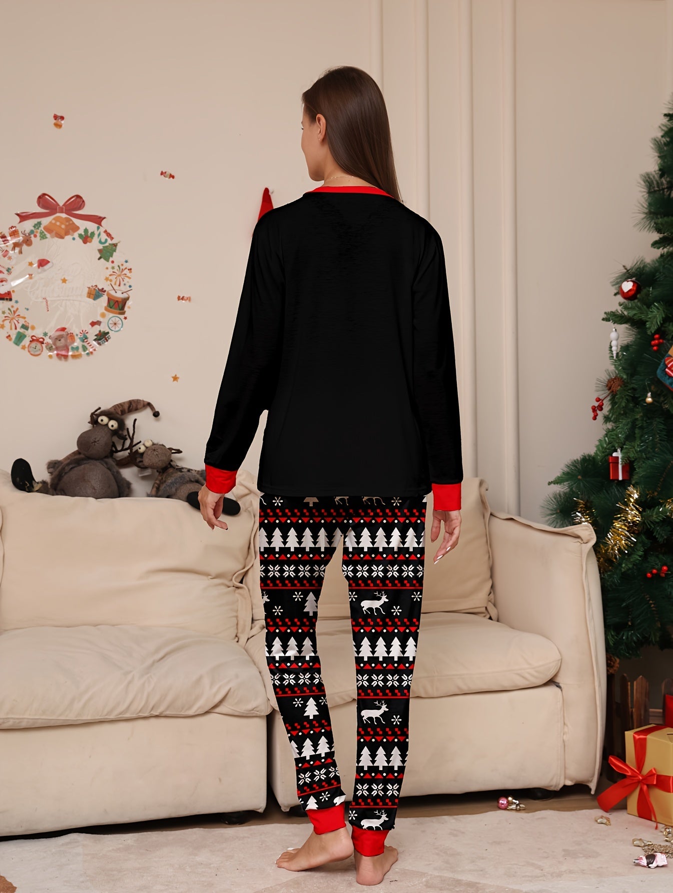 Christmas Print Pajama Set Long Sleeve Top & Pants Women's Sleepwear